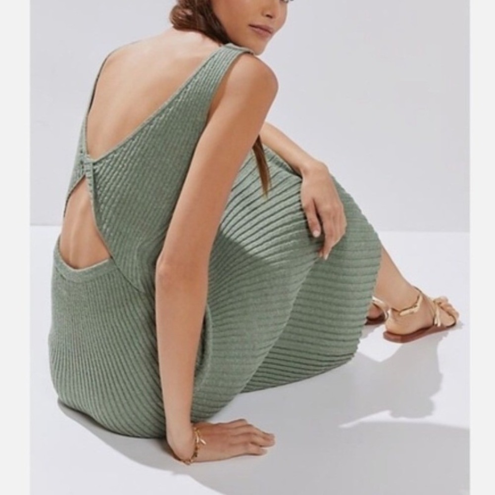 Amadi Anthropologie Green Ribbed Knit Cutout Midi Dress Sleeveless Open Back L